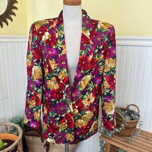 Talbots 8 Vintage Silk Blazer pink red floral flowers one button